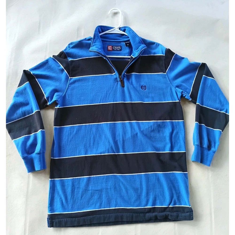 Chaps Mens Blue Stripe Quarter Zip Long Sleeve Polo Shirt M Embroidered Logo - Picture 14 of 16